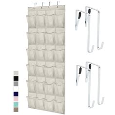 three white wall mounted hooks and two hanging bags on the same hanger, each with multiple pockets