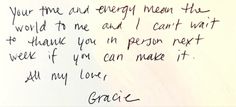 a handwritten note from grace to her son, who is not in the hospital