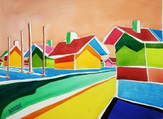 a painting of colorful houses in the distance with poles sticking out of them and an orange sky