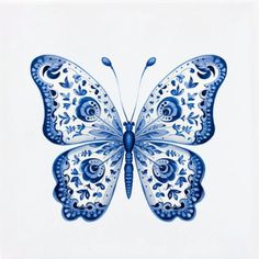 a blue and white butterfly on a white background