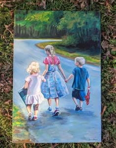 a painting of three children walking down the road with their mother holding her hand and another child's hand