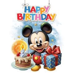 a cartoon mickey mouse with a birthday cake