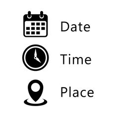 a black and white photo with the words date time place next to a map pin