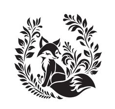 a black and white silhouette of a fox surrounded by leaves in the shape of a circle