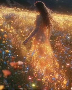 a woman walking through a field full of flowers