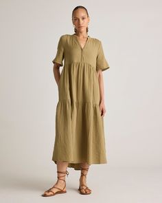 Airy and effortless, meet our 100% Organic Cotton Gauze Split Neck Midi Dress. Made of breezy, lightweight organic cotton gauze, this versatile dress is the perfect grab and go piece. Lds Missionary Dresses, Muslin Dress Women, Apple Body Fashion, Simple Fall Dresses, Sister Missionary Dresses, Cotton Gauze Clothing, Maxi Dress Linen, Gauze Clothing, Ruched Waist Dress