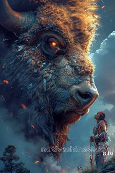 an image of a bison with fire coming out of it's eyes and the man standing next to it