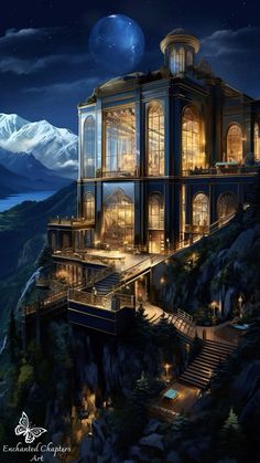 an artistic rendering of a house on top of a mountain