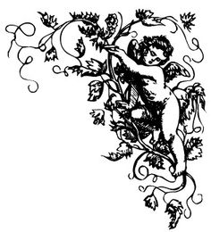 an ink drawing of a cherub hanging from a vine