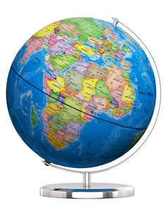 a blue and yellow globe on a stand with the map of the world painted on it