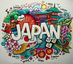 the word japan is surrounded by colorful doodles