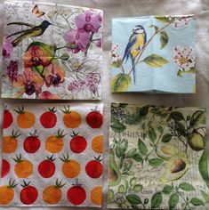 four napkins with birds and flowers on them