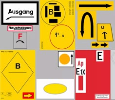 an assortment of different signs and arrows on a gray, red, yellow and black background