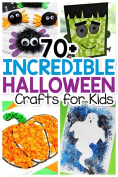 halloween crafts for kids that include paper plates, pumpkins and ghost faces with the words 70 incredible halloween crafts for kids