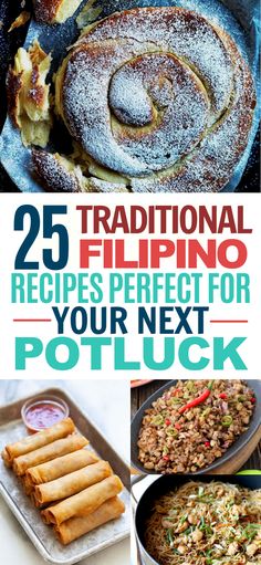 the cover of 25 traditional flipping recipes perfect for your next potluck, with pictures of different dishes