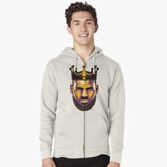 a man wearing a hoodie with a crown on his head and the face of jesus