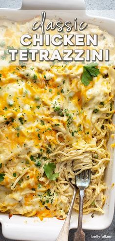 a casserole dish filled with chicken tetrazzini