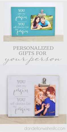 two pictures hanging on a shelf with the words personalized gifts for your special