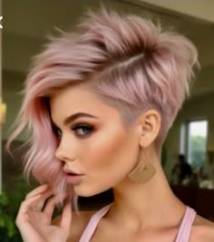 Under Cut Design Women, Pink Mohawk Women, Pixie Side View, Pink Haircut Singer, Funky Short Hair Styles, Punk Haircuts For Women, Pink Singer Hairstyles, Short Blonde Pixie Cut