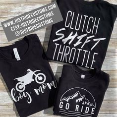 three t - shirts with the words go ride on them and an image of a motorcyclist