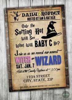 a harry potter baby shower sign on a wooden wall