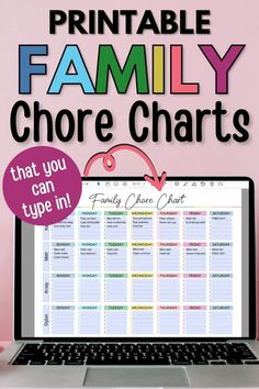 a laptop with the text printable family chore chart on it and an image of a