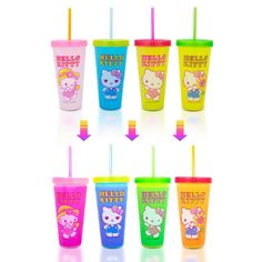 hello kitty plastic cups with straws and lids are lined up in a row on a white background