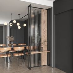 a dining room table with chairs and a wooden partition in the wall next to it