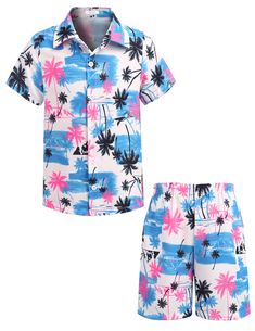 PRICES MAY VARY. HIGH QUALITY FABRIC : Boys Hawaiian shorts set were made from lightweight, breathable materials to keep the little boy cool in the summer, no shrink. 2 PIECES OUTFITS : The little boy's Hawaiian outfit set includes a bright, vibrant aloha shirt featuring palm trees, and other tropical scenes, also includes a pair of shorts with an elastic waistband. VACATION STYLE : Boys Hawaiian shirt, loose fit, easy to wear, button-down short sleeve, shorts with two side pockets. Classic matc Multicolor Short Sets For Summer, Multicolor Short Sets For Beach Season, Summer Short Set For Vacation, Multicolor Short Sets For Vacation, Summer Playwear Sets For Beach Season, Casual Multicolor Short Set For Summer, Blue Short Sets For Beach, Blue Short Beach Sets, Multicolor Playwear Sets For Beach Season