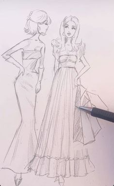 a drawing of two women in evening gowns, one wearing a dress and the other with