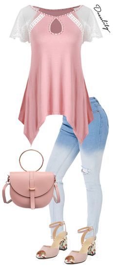 Take your fashion with this tunic t-shirt in soft material. It features a keyhole neck that is embellished with beads which are elegant and feminine, sheer lace on the shoulder, and a trendy handkerchief hemline which makes it quite figure flattering and gives it a very feminine drape. #peachoutfit#jeans#summeroutfit#dresslily Peach Clothes