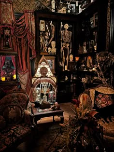 a living room filled with lots of furniture and skeletons on the wall next to it