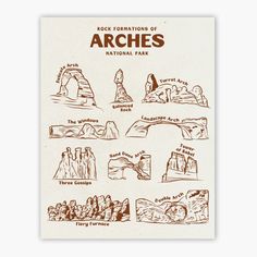 a poster with some drawings on it that says, rock formations of arches national park