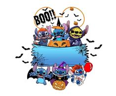 a group of cartoon characters with bats and pumpkins