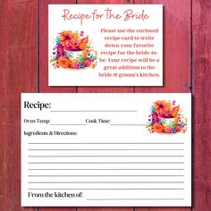 a recipe card with flowers on it and the words recipe for the bride written below