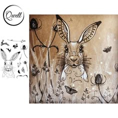 a drawing of a rabbit with flowers and butterflies on it's face, next to an image of a butterfly