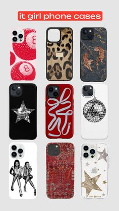 several cell phones with different designs on them and the words it girl phone cases written in red