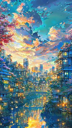 a painting of a cityscape with buildings and trees in the background at sunset