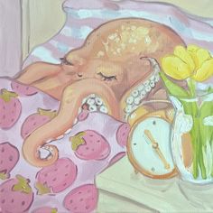 a painting of an octopus laying in bed next to a vase with flowers and a clock