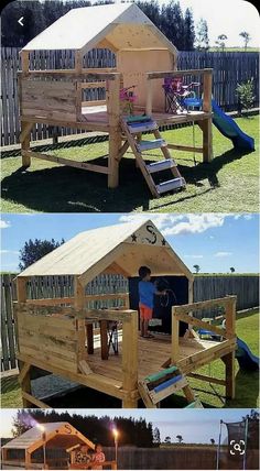 some kind of wooden play house with stairs and slide in the back yard for kids to play outside