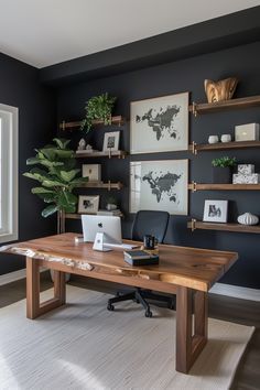 a home office with black walls and wooden shelves on the wall, along with a wood desk