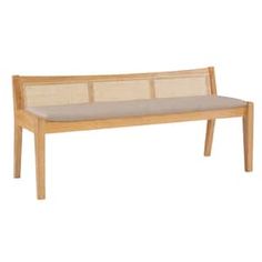 a wooden bench sitting on top of a white floor