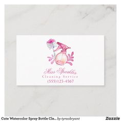 a business card for cleaning service with a pink flower and toothbrush on the front