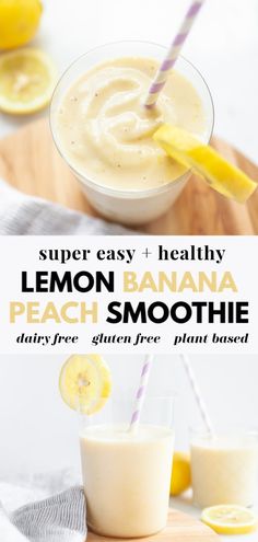 lemon banana peach smoothie in a glass with two straws