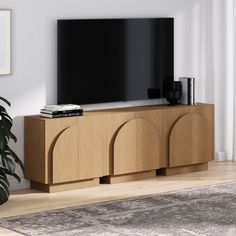 a flat screen tv sitting on top of a wooden entertainment center next to a plant