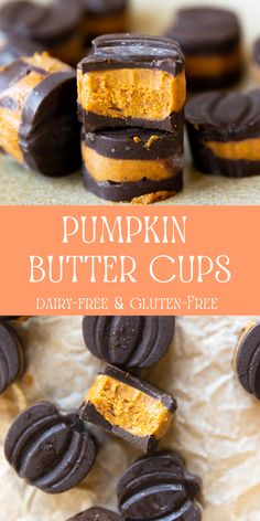 pumpkin butter cups are stacked on top of each other with chocolate and orange frosting