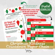 the christmas kindness countdown paper chain is shown with instructions for how to use it and print them