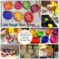 the collage shows how to make clay dough and paint them in different colors with text overlay that says, salt dough blob stamps learning and exploring through play