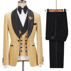 Gold Fitted Three-piece Suit For Formal Occasions, Elegant Gold Suits For Semi-formal Occasions, Elegant Gold Suits For Semi-formal Events, Formal Gold Tuxedo Sets, Elegant Gold Tailored Tuxedo, Elegant Tailored Gold Tuxedo, Gold Fitted Suits With Suit Collar, Gold Fitted Suit With Suit Collar, Elegant Gold Three-piece Suit For Formal Occasions