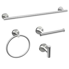 a set of three stainless steel towel rings and two toilet paper holders with round handles